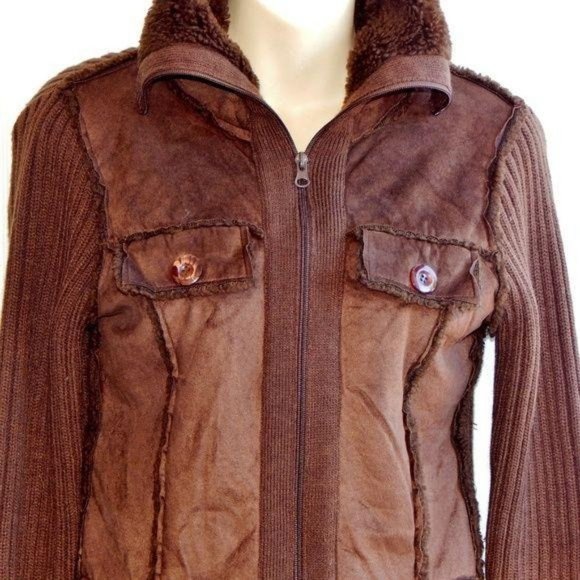 Vintage JJ BASICS Brown Multimedia Rib Knit Sherpa Faux Suede Sweater - Picture 2 of 5